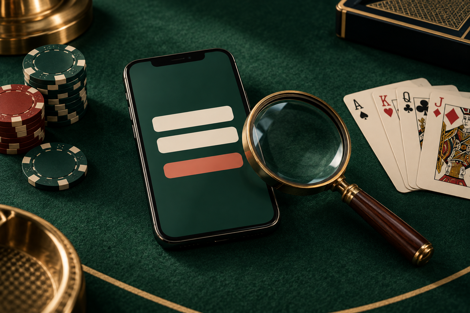 Perangkat akses, kartu casino, chip dan kaca pembesar