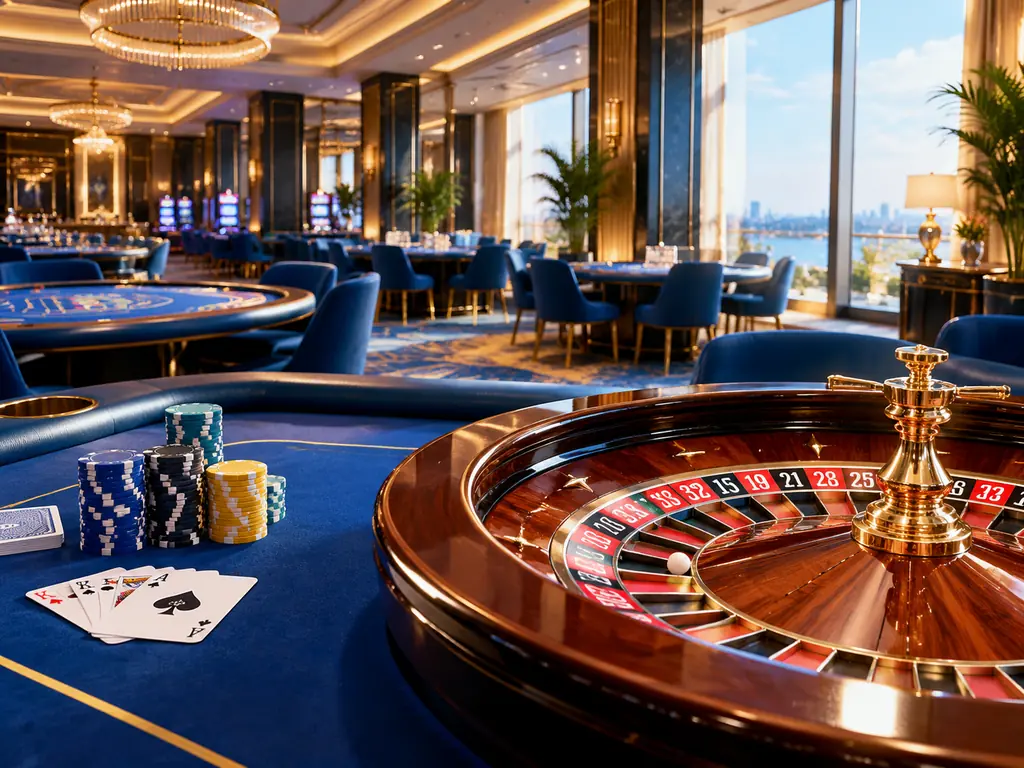Ruang casino biru kobalt dengan meja kartu dan roda roulette