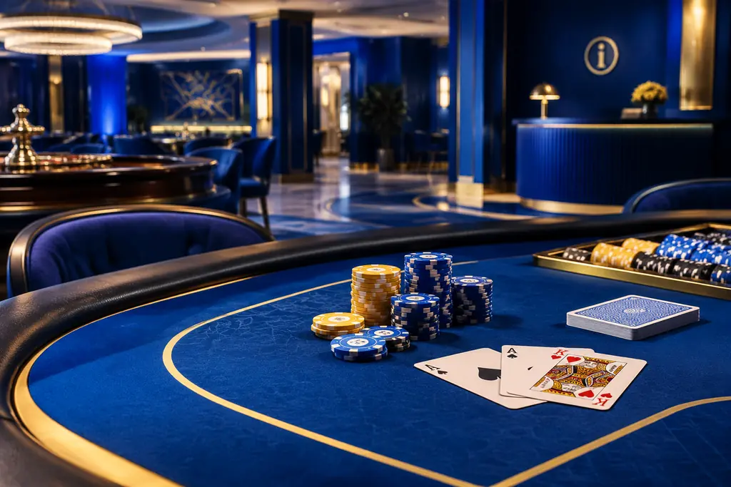 Meja casino dengan kartu, chip dan jalur menuju meja bantuan