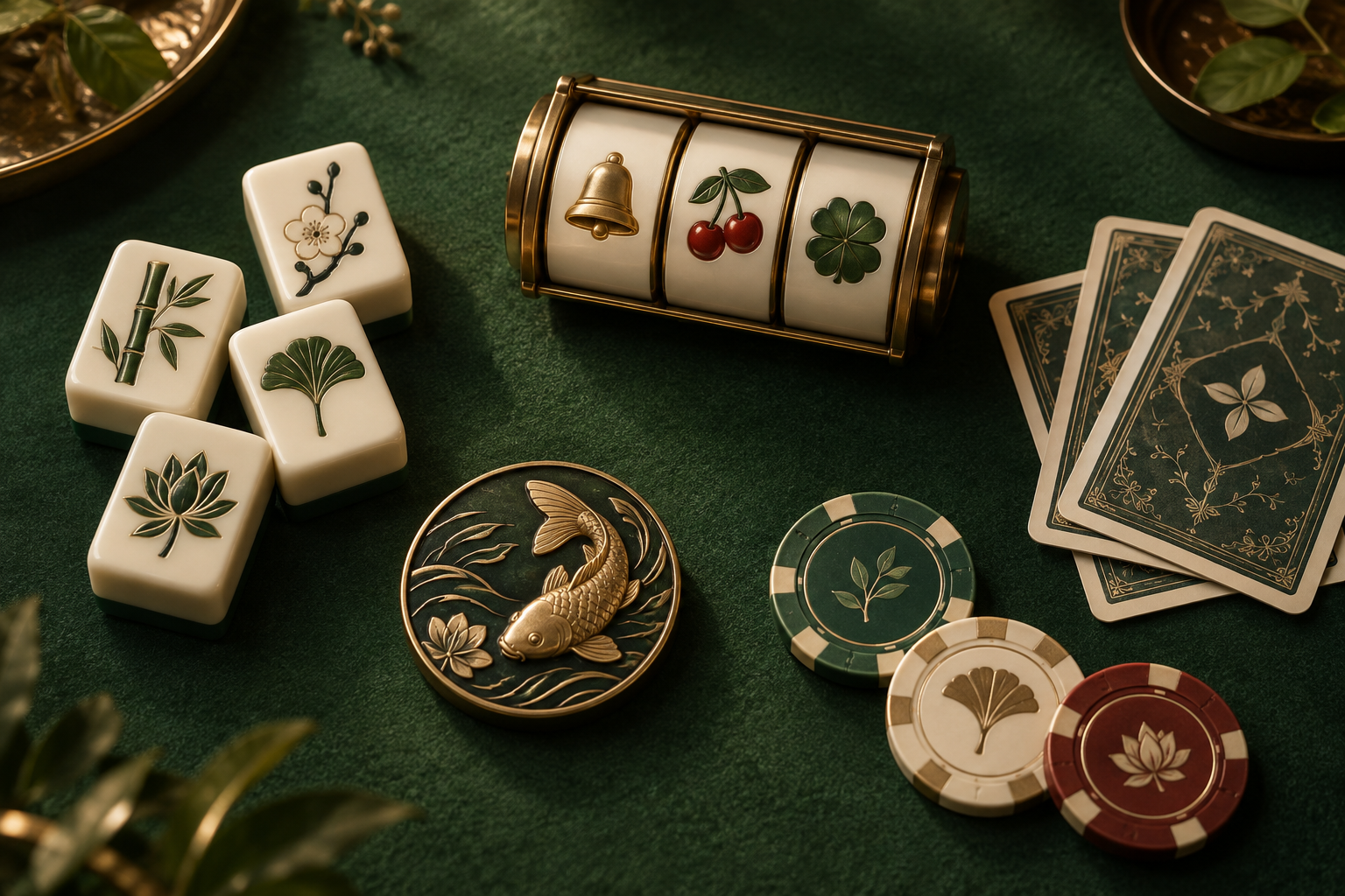 Kartu, chip, ubin mahjong dan elemen slot